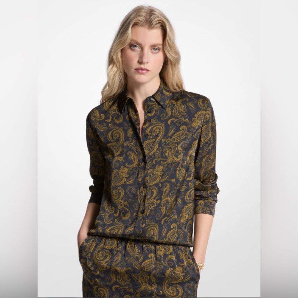 Michael Kors Paisley Satin Button-Up Black  Gold/Green Pijama Shirt M NWT